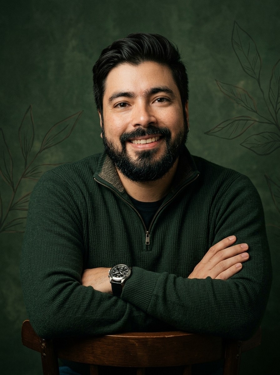 Denis Faria sorrindo, com os braços cruzados apoiados no encosto de uma cadeira, de suéter verde escuro diante de um fundo verde com ilustrações de folhas.